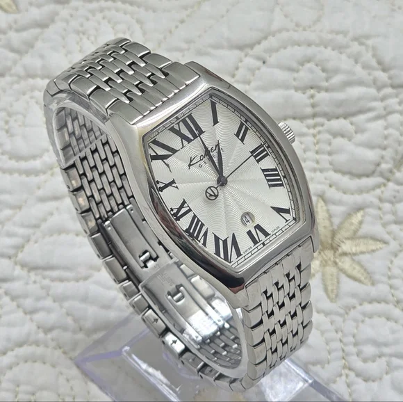 VTG Kolber Geneve Tonneau Men's Watch K8420 Silver Large Wrist Quartz Guilloche